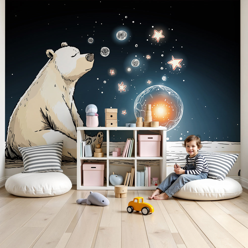 Space bear mural wallpaper creating cosmic nursery decor with dreaming astronaut design by Kids-Mundo
