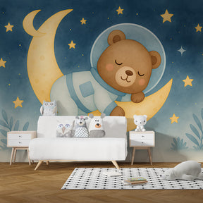 Astronaut bear mural wallpaper transforming toddler room into cosmic adventure space