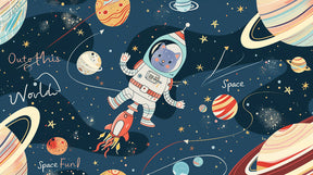 Detailed space cat astronaut mural wallpaper design pattern with blue galaxy and rockets by Kids-Mundo