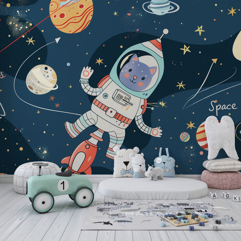 Space-themed mural wallpaper transforming kids playroom into galactic adventure zone