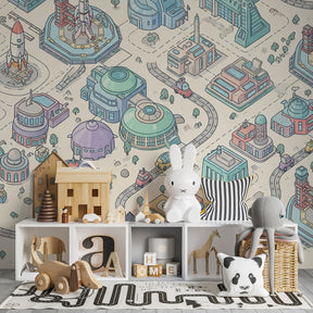 Colorful space city wallpaper with rockets and vehicles creating imaginative playroom by Kids-Mundo