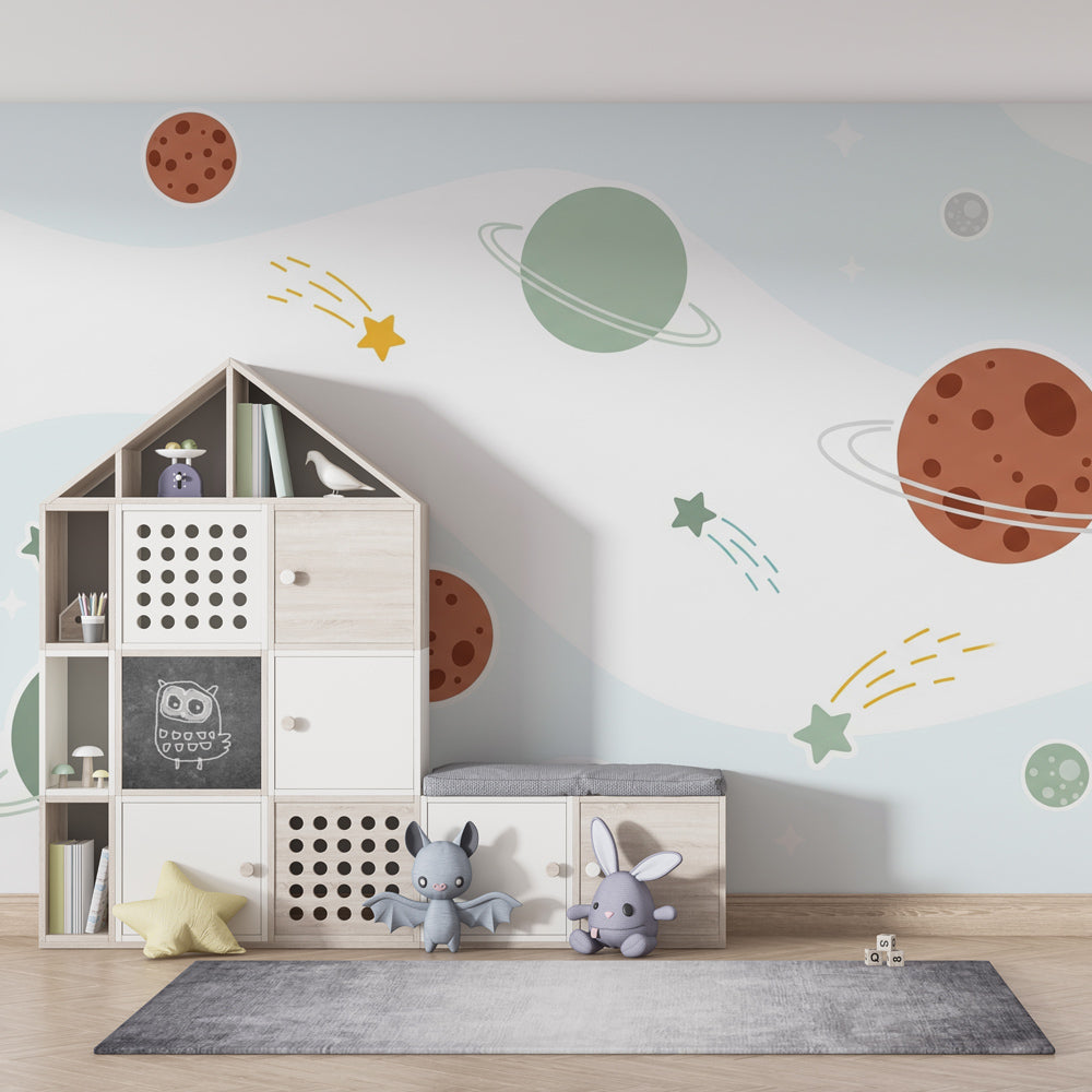Soft planets and shooting stars mural wallpaper for kids room interior by Kids-Mundo