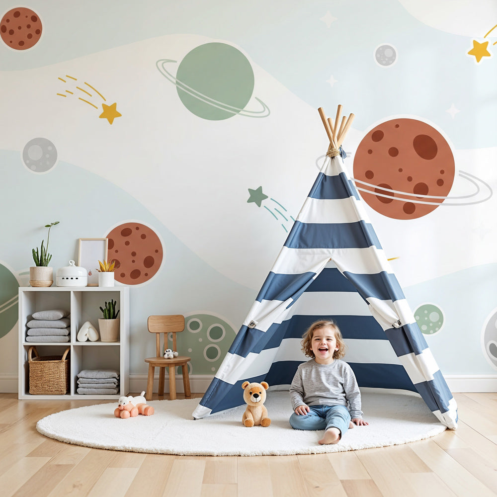 Space cosmic mural wallpaper with soft planets in modern nursery room by Kids-Mundo