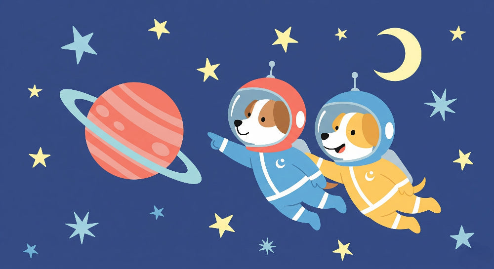 Detailed space dog astronaut mural wallpaper design pattern with cosmic elements by Kids-Mundo