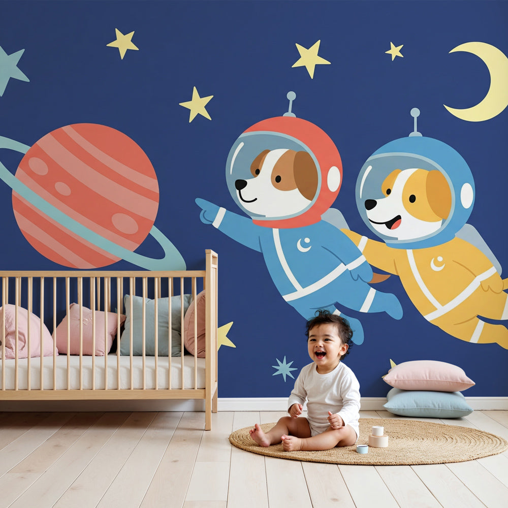 Space dog astronaut mural wallpaper in modern kids nursery room by Kids-Mundo