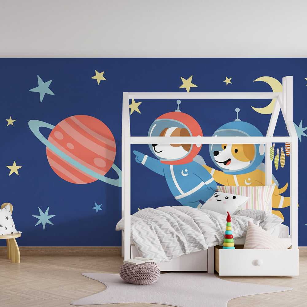 Space explorer dogs mural wallpaper inspiring imagination in kids playroom setting