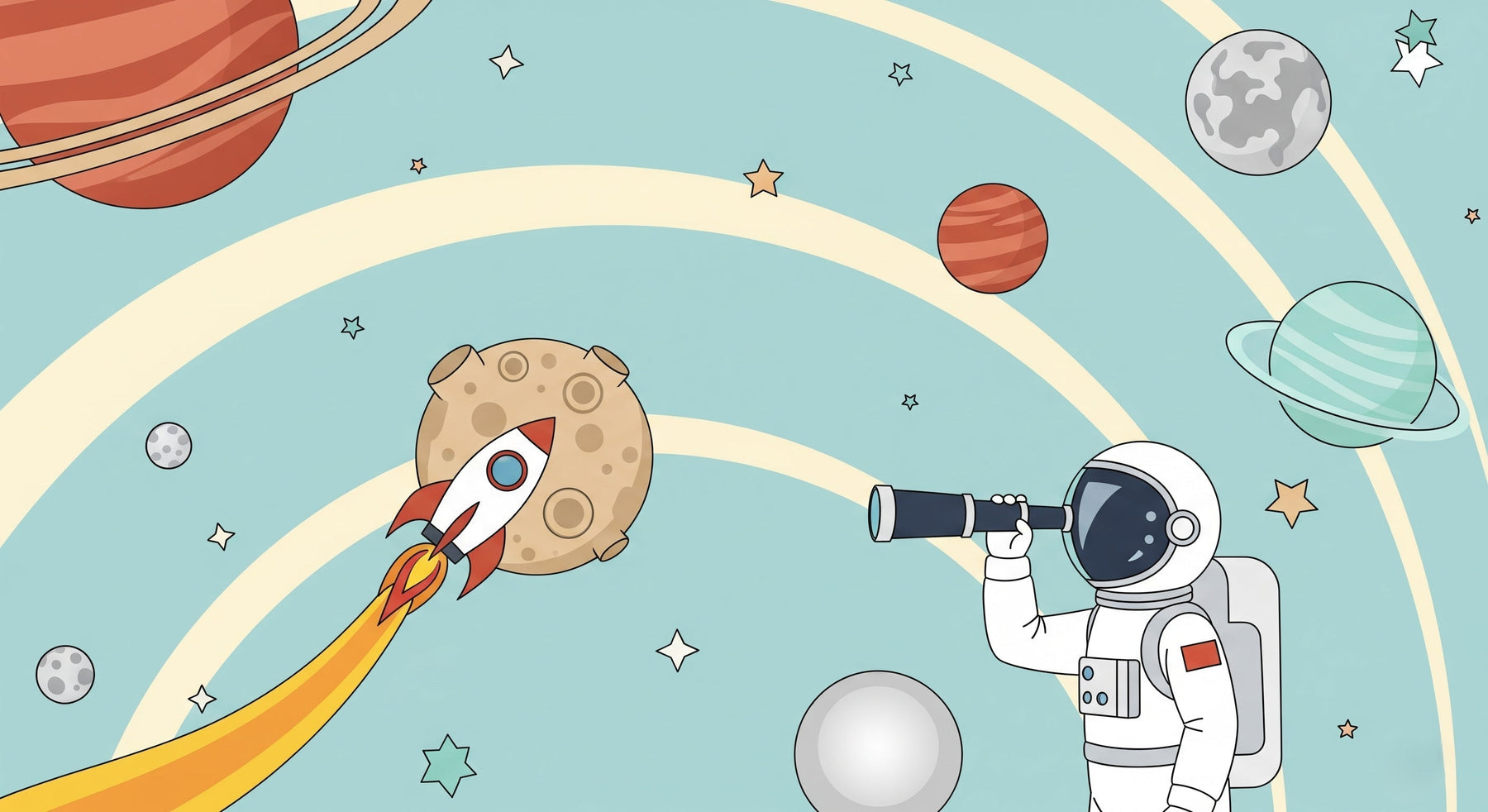 Detailed space exploration mural wallpaper design pattern with astronaut, rocket and planets by Kids-Mundo