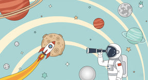Detailed space exploration mural wallpaper design pattern with astronaut, rocket and planets by Kids-Mundo
