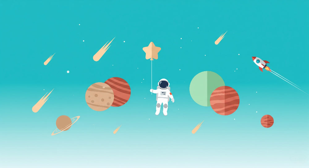 Detailed astronaut and planets space mural wallpaper design pattern by Kids-Mundo
