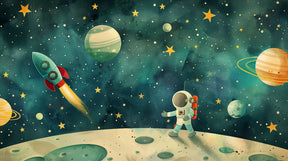 Detailed space explorer mural wallpaper design pattern showing astronauts and retro rockets by Kids-Mundo