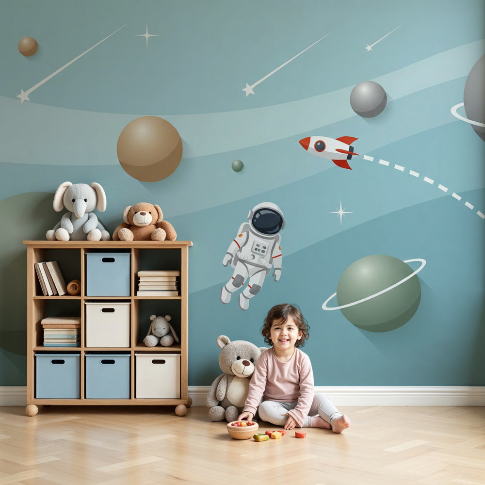 Space explorer mural wallpaper with astronaut and rocket in modern nursery by Kids-Mundo