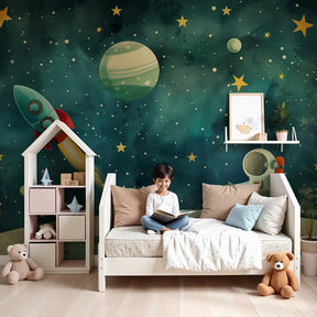 Space explorer mural wallpaper with astronauts and rockets in colorful kids nursery by Kids-Mundo