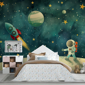 Multicolored space adventure mural wallpaper transforming kids playroom into cosmic exploration zone