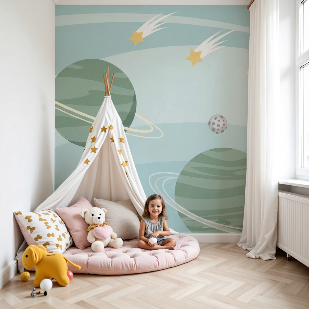 Space galaxy mural wallpaper with planets and stars in modern kids bedroom by Kids-Mundo