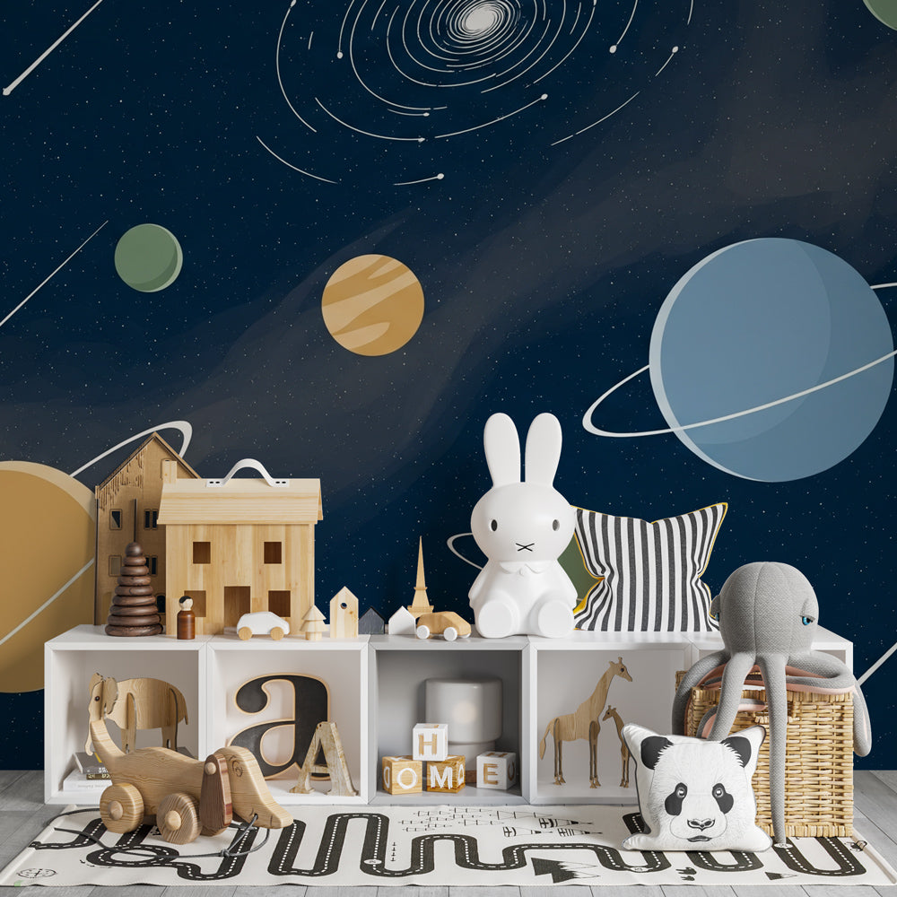 Starry universe wallpaper transforming kids bedroom with cosmic planets and galaxy design