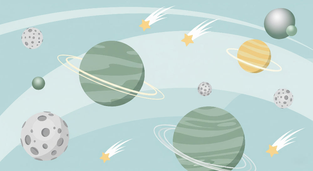 Detailed space galaxy mural wallpaper design pattern with planets and shooting stars by Kids-Mundo