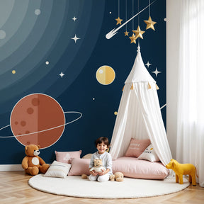 Space galaxy mural wallpaper with cosmic planets creating magical nursery decor by Kids-Mundo