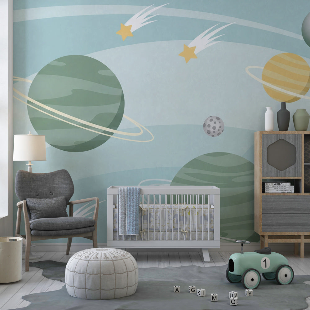 Intergalactic planets wallpaper creating cosmic nursery decor with soft colors by Kids-Mundo
