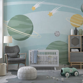 Intergalactic planets wallpaper creating cosmic nursery decor with soft colors by Kids-Mundo