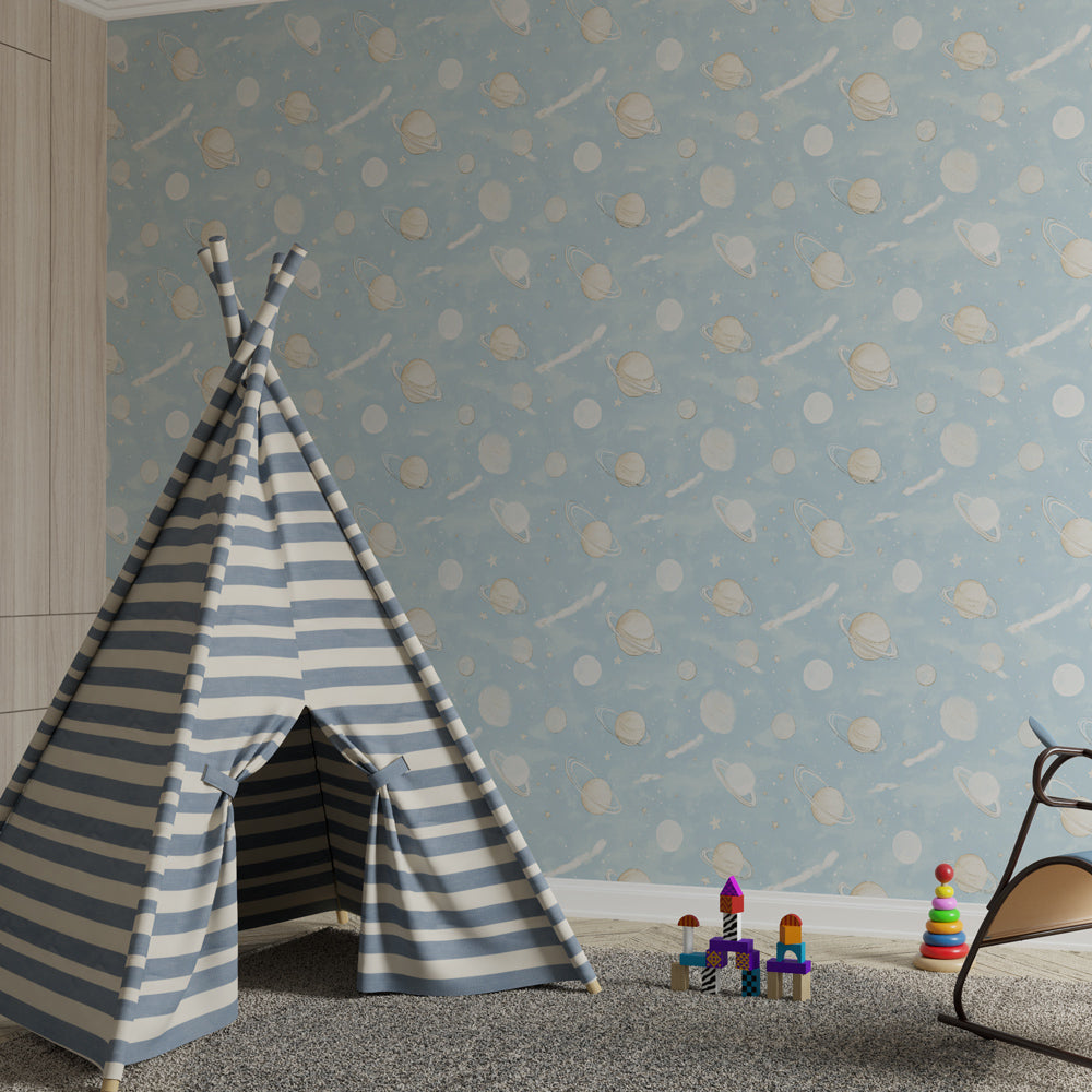 Kids playroom decorated with space galaxy mural wallpaper showing planets and shooting stars