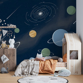 Galaxy themed mural wallpaper for children's playroom featuring shooting stars and planets