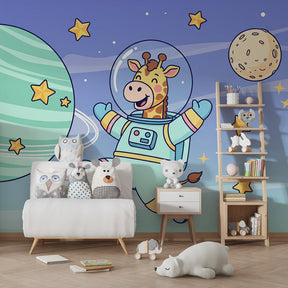 Giraffe astronaut wallpaper creating dreamy space atmosphere in children's bedroom decor