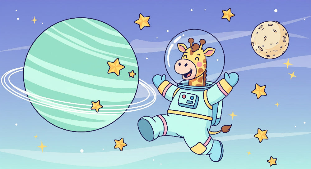 Detailed space giraffe astronaut mural wallpaper design pattern with stars and planets by Kids-Mundo