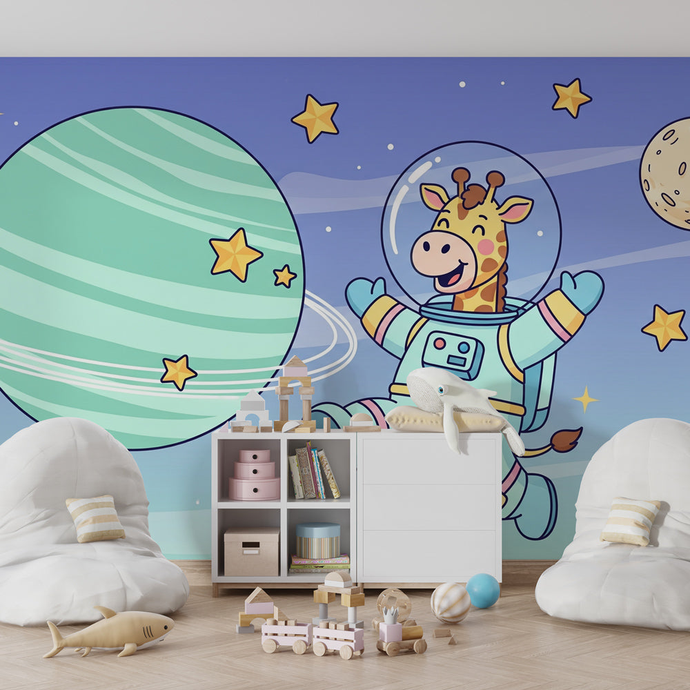 Cosmic giraffe mural wallpaper transforming kids playroom into space adventure zone