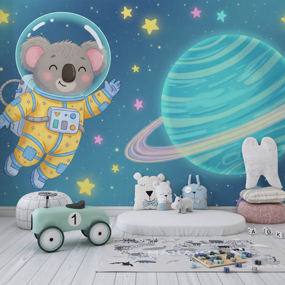 Cosmic koala astronaut wallpaper creating magical kids bedroom atmosphere with stars and planets