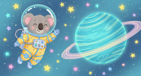 Detailed space koala astronaut mural wallpaper design pattern with stars and planets by Kids-Mundo