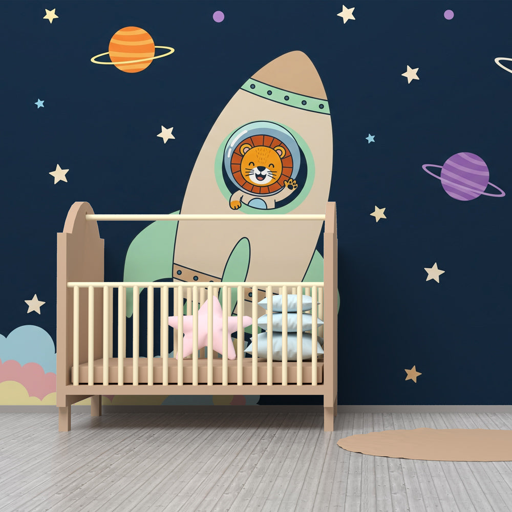 Lion astronaut space wallpaper creating cosmic adventure theme in kids bedroom