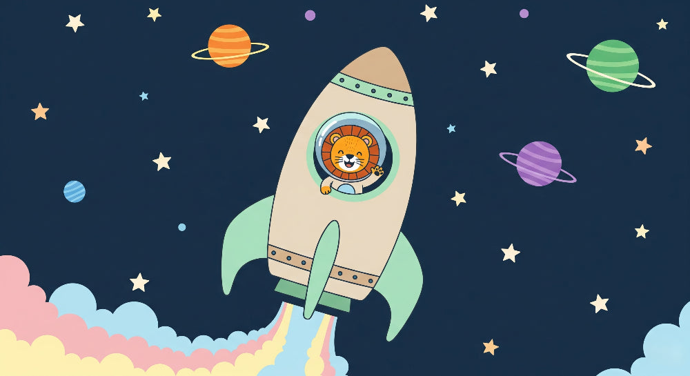 Detailed space lion astronaut mural wallpaper design pattern with planets and stars by Kids-Mundo