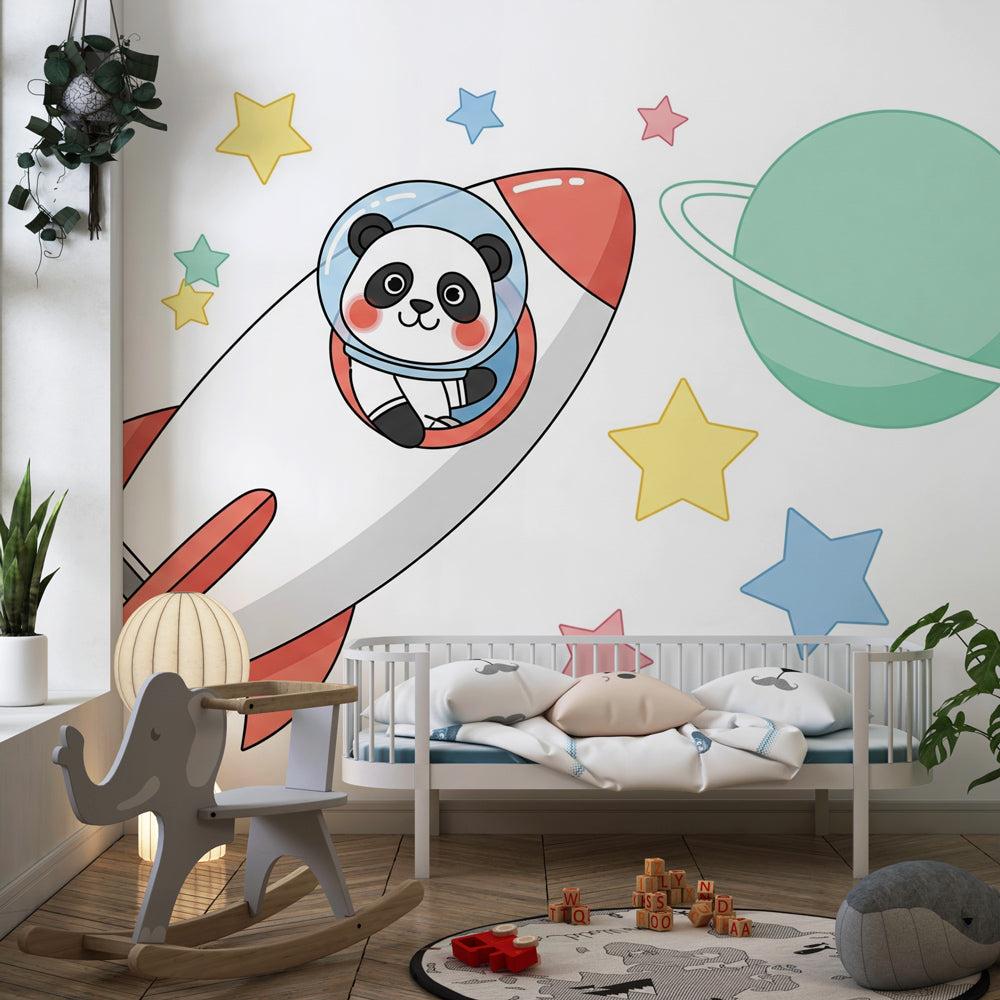 Panda astronaut rocket mural wallpaper transforming modern kids bedroom into space adventure