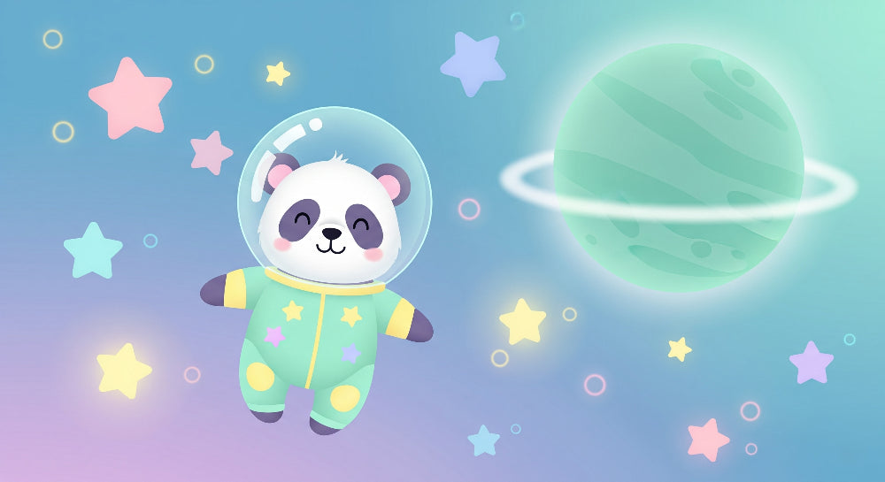 Detailed space panda astronaut mural wallpaper design pattern with stars and planets by Kids-Mundo