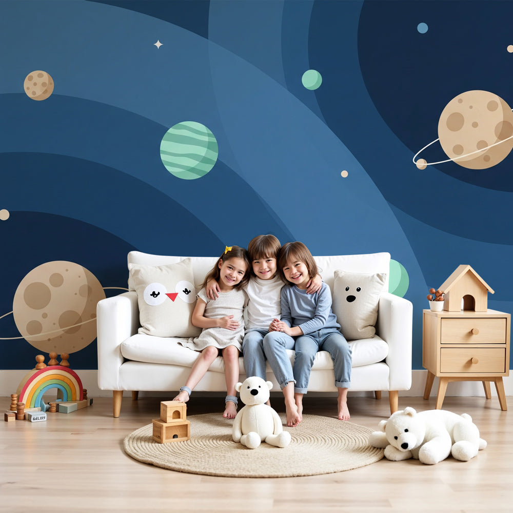 Space planet mural wallpaper creating cosmic adventure atmosphere in modern kids bedroom by Kids-Mundo