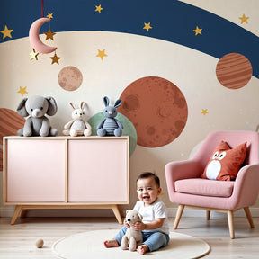 Space planet mural wallpaper in modern kids bedroom with colorful planets and golden stars by Kids-Mundo