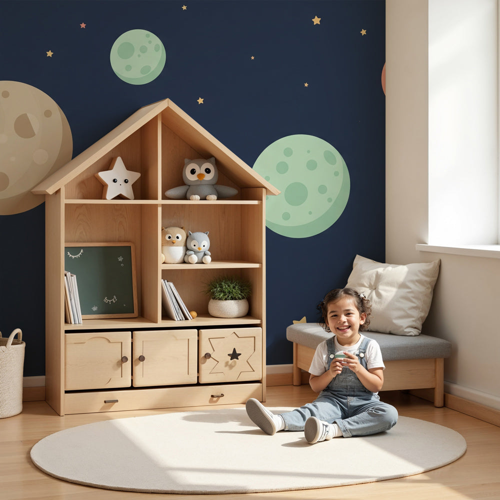 Space planet mural wallpaper with colorful planets in modern kids bedroom by Kids-Mundo