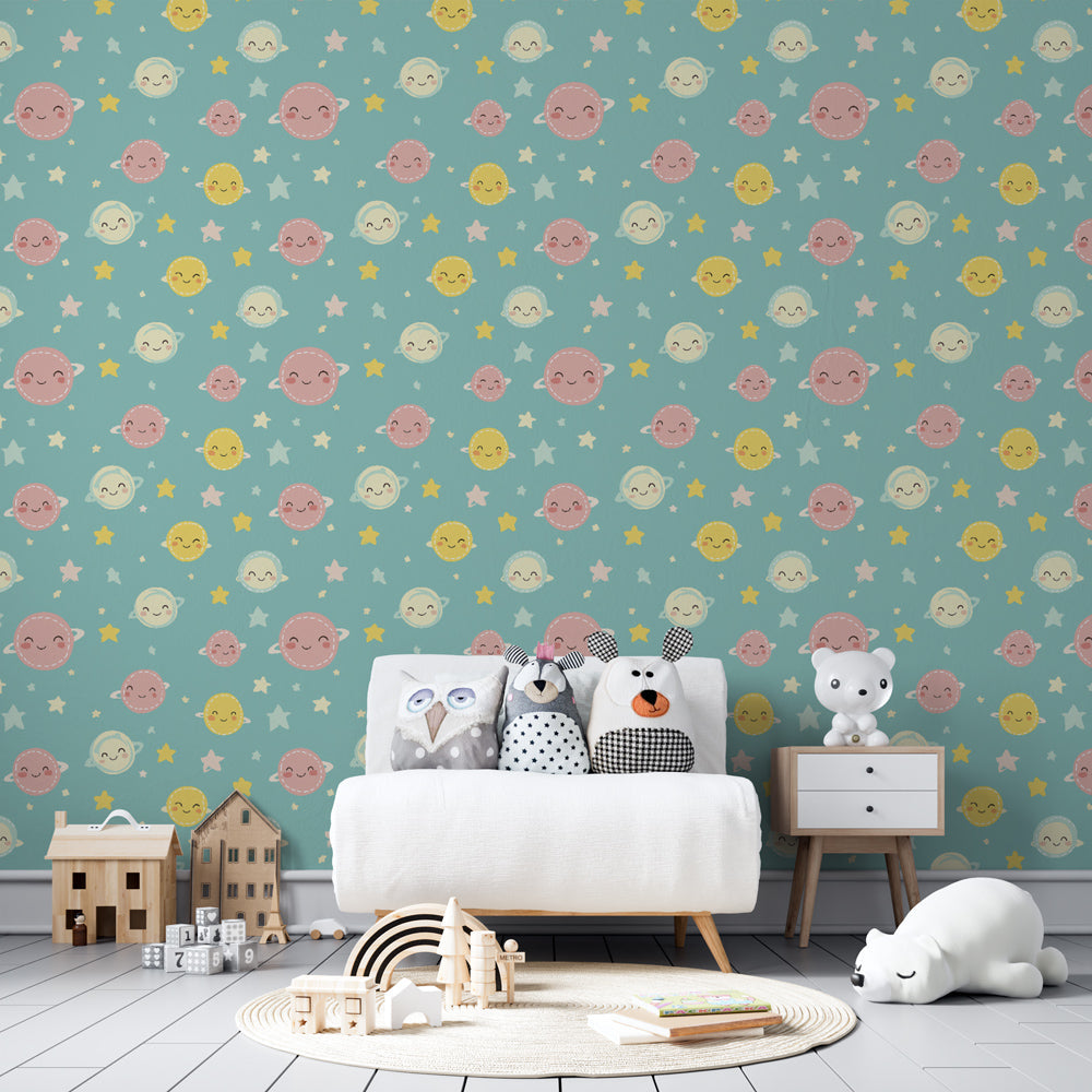 Blue celestial wallpaper creating magical children's bedroom atmosphere with planet motifs
