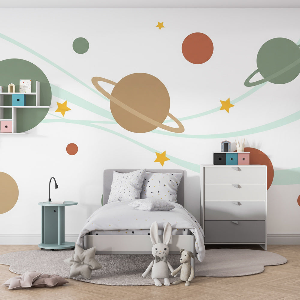 Colorful planets and stars mural wallpaper in modern children's bedroom setting