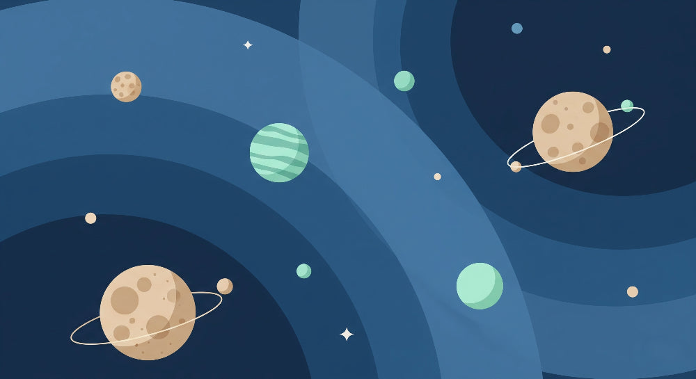 Detailed space planet mural wallpaper design pattern showing colorful celestial bodies by Kids-Mundo
