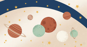Detailed space planet mural wallpaper design pattern with colorful planets and golden stars by Kids-Mundo