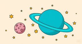Detailed space planet mural wallpaper design pattern with golden stars on beige by Kids-Mundo