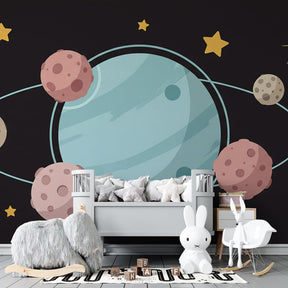 Galaxy mural wallpaper featuring planets and stars creating magical space-themed kids room by Kids-Mundo