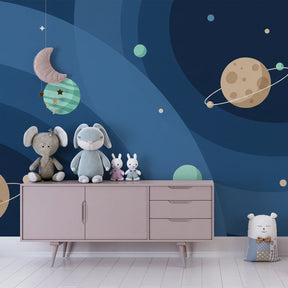 Colorful planets and stars mural wallpaper transforming nursery into intergalactic theme by Kids-Mundo