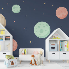 Galaxy themed mural wallpaper creating magical space atmosphere in children's nursery