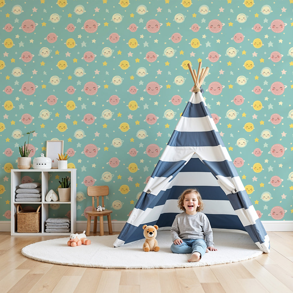 Space planet mural wallpaper with smiling stars in modern nursery by Kids-Mundo