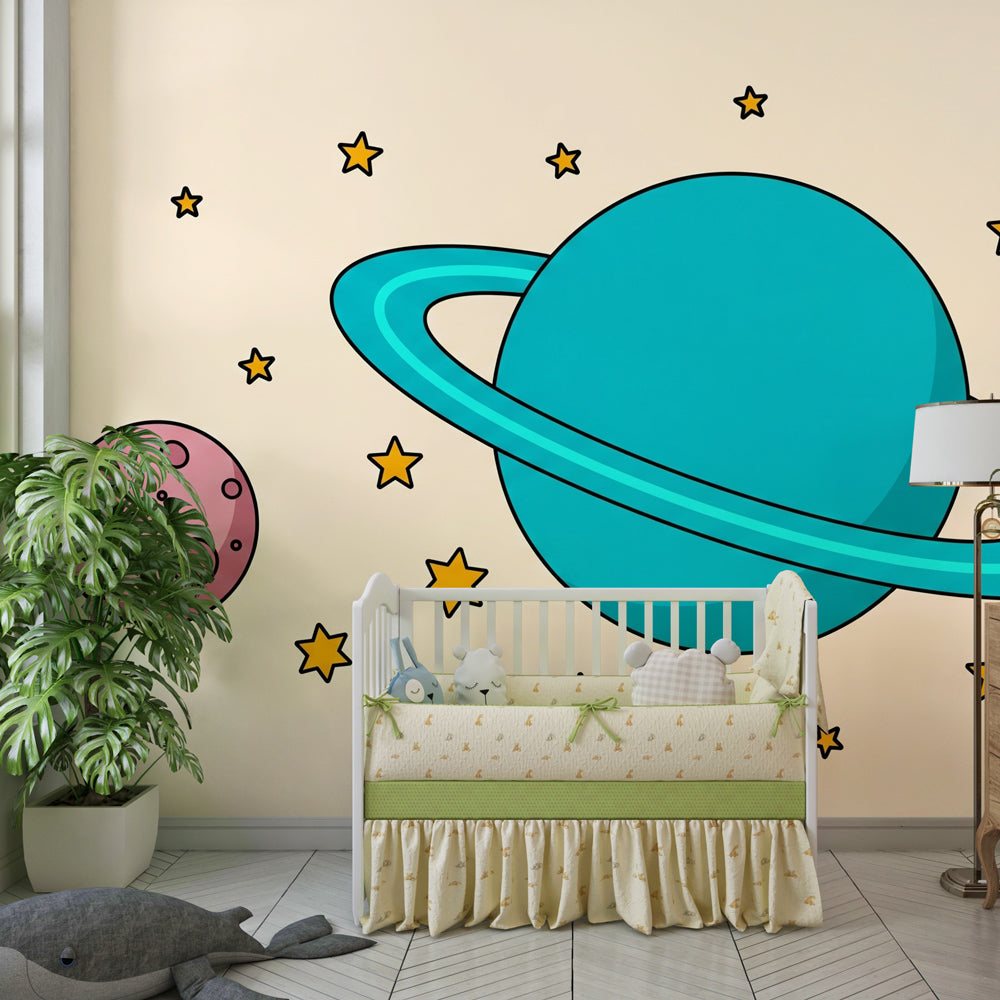 Space-themed mural wallpaper featuring turquoise and pink planets in children's playroom