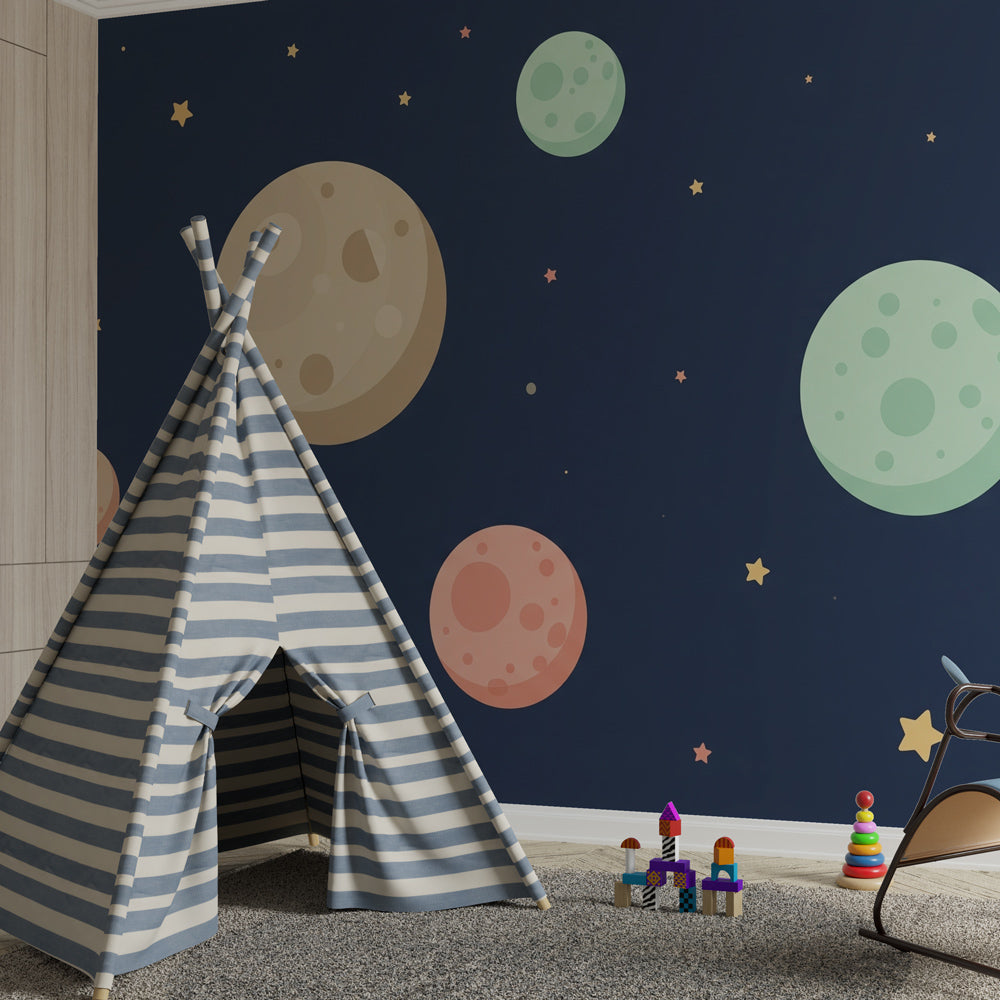 Colorful space wallpaper with planets and stars decorating kids playroom wall