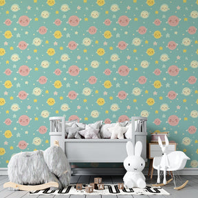 Smiling planets and stars mural wallpaper transforming kids room into cosmic sanctuary