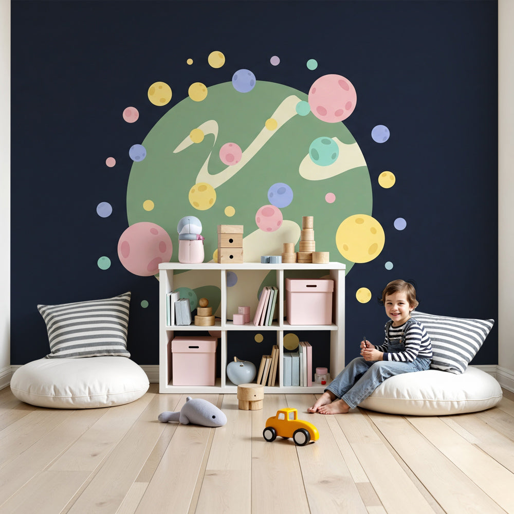 Space planets mural wallpaper creating magical galaxy atmosphere in modern kids bedroom by Kids-Mundo